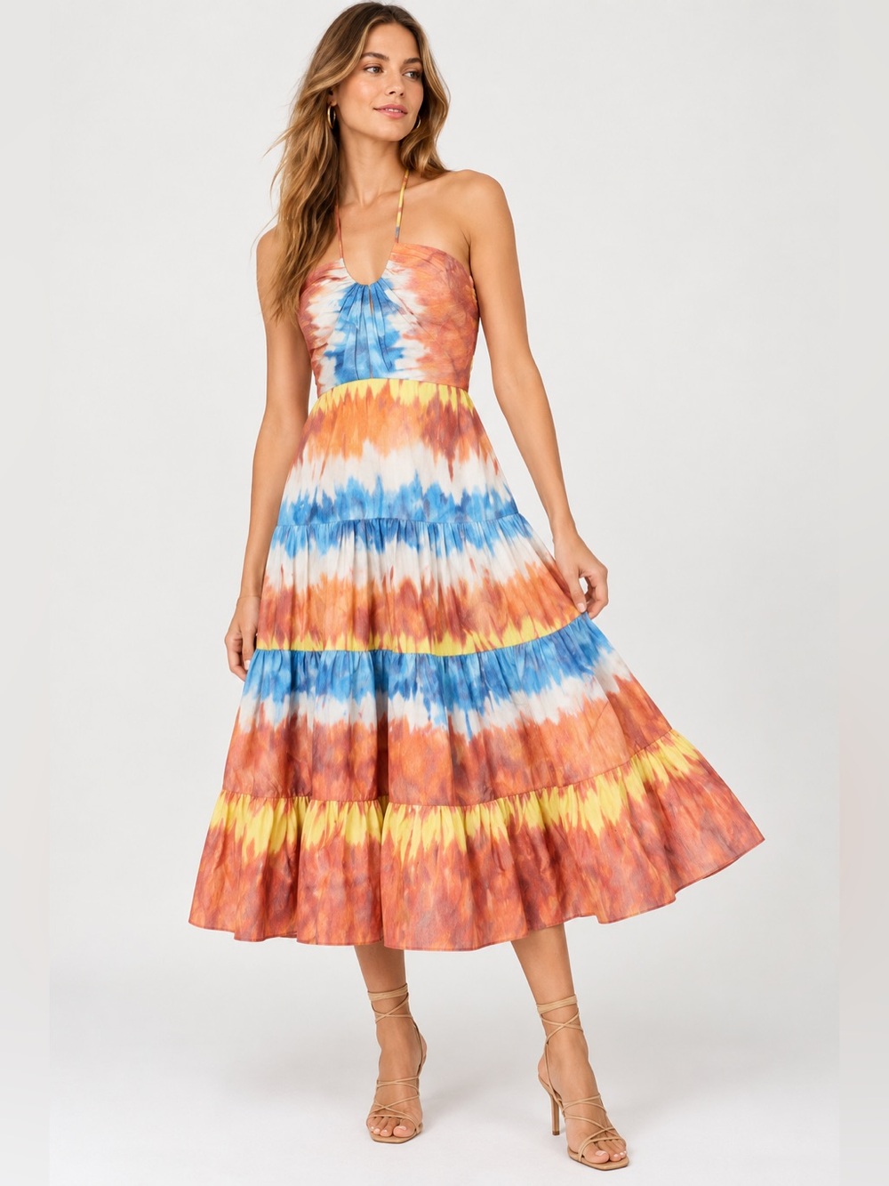 Alexis Roberta Tie Dye Tiered Halter Midi Dress Orange Blue M